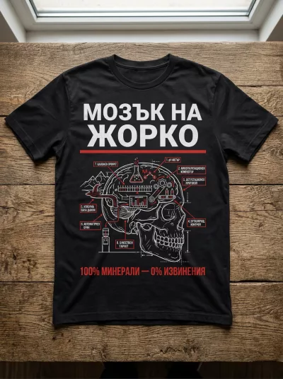 Тениска „Мозък на Жорко" — 100% минерали, 0% извинения